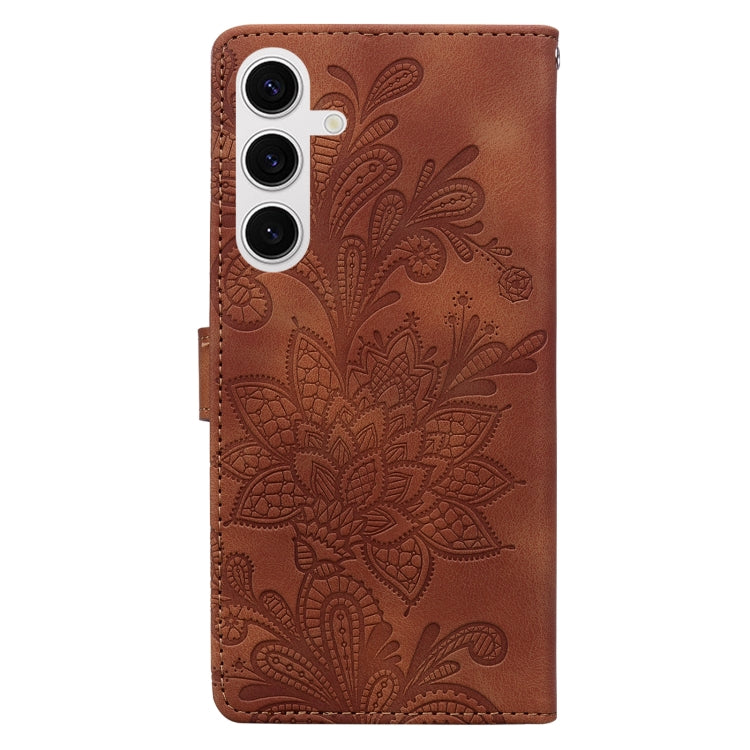 For Samsung Galaxy S25 5G Lace Floral Embossed Magnetic Buckle PU Phone Case With Wrist Strap(Brown)