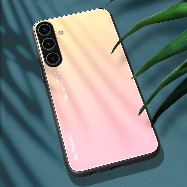 For Samsung Galaxy S25+ 5G Gradient Color Glass Phone Case(Yellow Pink)