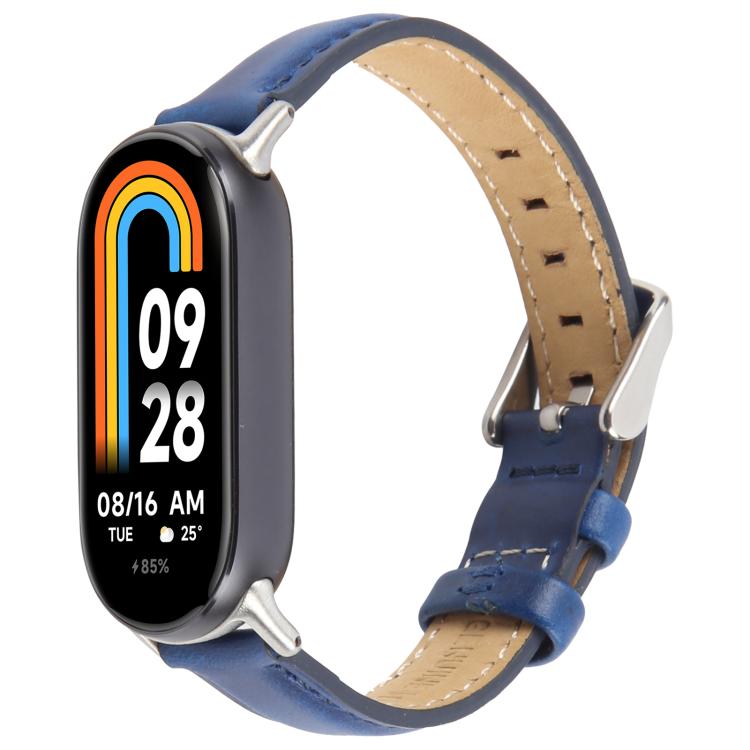 For Xiaomi Smart Band 9 / 8 Silver Metal Connector Genuine Leather Watch Band(Blue)