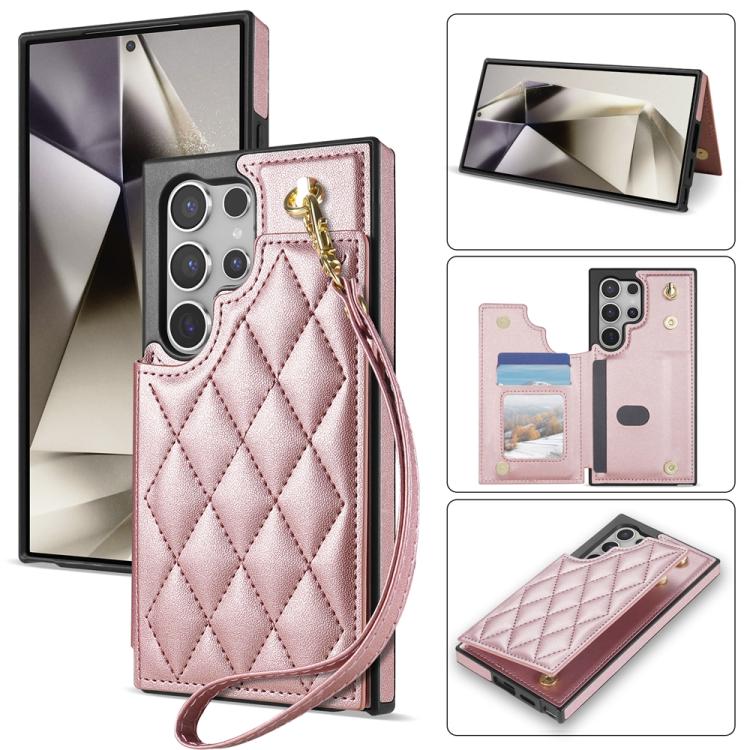 For Samsung Galaxy S25 Ultra 5G Rhombic Dual Buckle Card Slots Phone Case with Lanyard(Rose Gold)