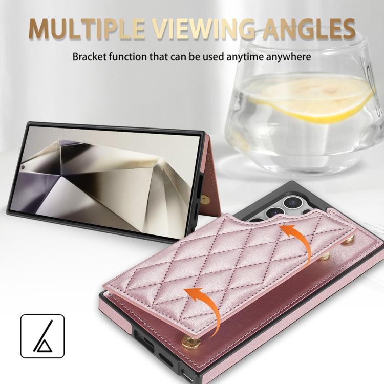 For Samsung Galaxy S25 Ultra 5G Rhombic Dual Buckle Card Slots Phone Case with Lanyard(Rose Gold)