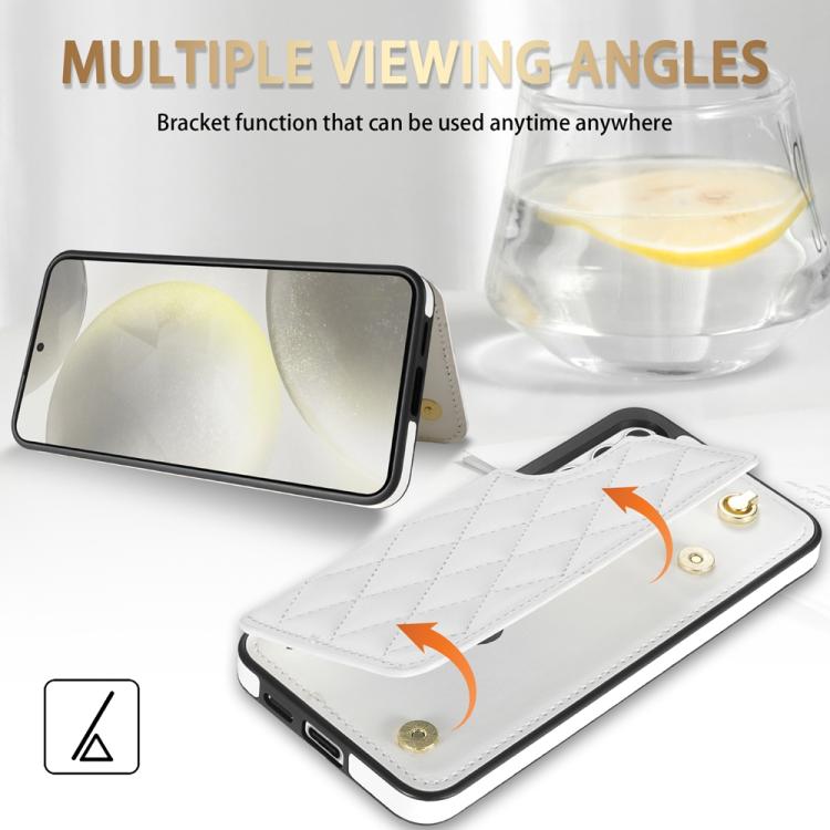 For Samsung Galaxy S25+ 5G Rhombic Dual Buckle Card Slots Phone Case with Lanyard(White)