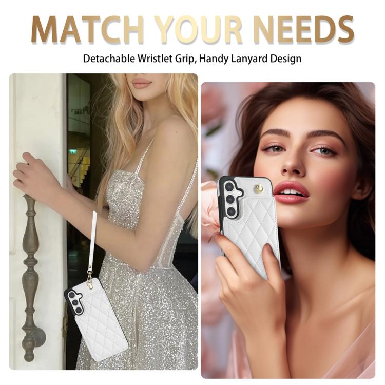 For Samsung Galaxy S25+ 5G Rhombic Dual Buckle Card Slots Phone Case with Lanyard(White) - Galaxy S25+ 5G Cases by PMC TechLife | Online Shopping South Africa | PMC TechLife | Buy Now Pay Later Mobicred