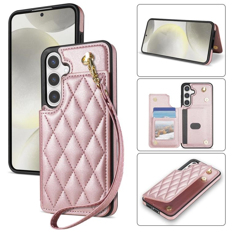 For Samsung Galaxy S25+ 5G Rhombic Dual Buckle Card Slots Phone Case with Lanyard(Rose Gold)
