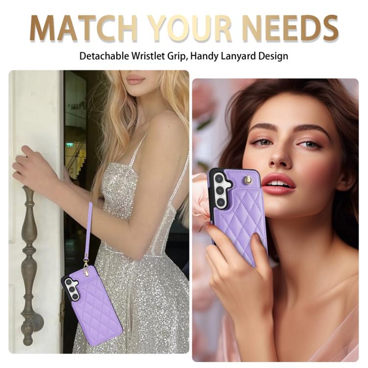 For Samsung Galaxy S25+ 5G Rhombic Dual Buckle Card Slots Phone Case with Lanyard(Purple) - Galaxy S25+ 5G Cases by PMC Jewellery | Online Shopping South Africa | PMC Jewellery | Buy Now Pay Later Mobicred