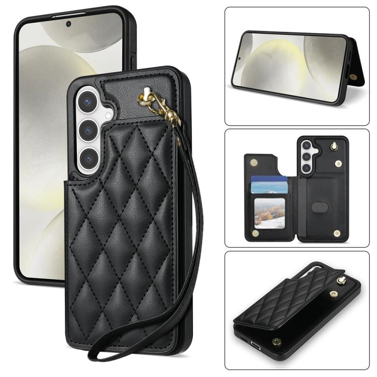 For Samsung Galaxy S25 5G Rhombic Dual Buckle Card Slots Phone Case with Lanyard(Black)