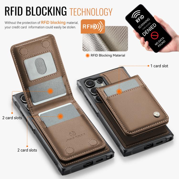 For Samsung Galaxy S25 Ultra 5G JEEHOOD J06 British Style RFID MagSafe Card Bag PU Phone Case(Brown)