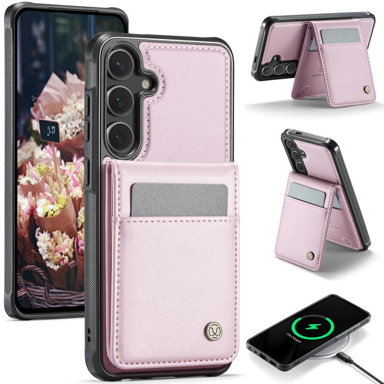 For Samsung Galaxy S25 5G JEEHOOD J06 British Style RFID MagSafe Card Bag PU Phone Case(Pink)