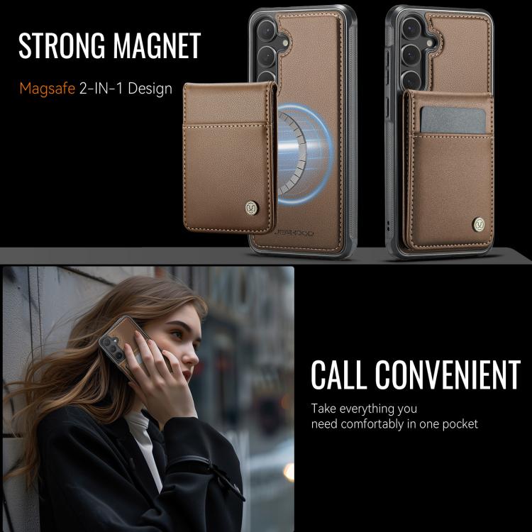 For Samsung Galaxy S25+ 5G JEEHOOD J06 British Style RFID MagSafe Card Bag PU Phone Case(Brown)