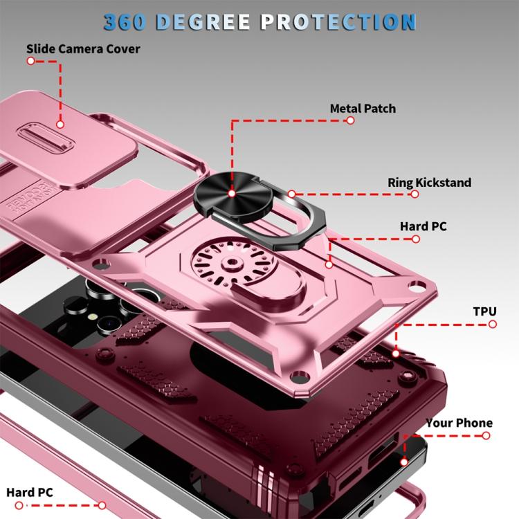 For Samsung Galaxy S25 Ultra 5G Sliding Camshield TPU Hybrid PC Phone Case with Holder(Pink+Rose Red)
