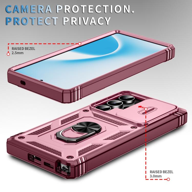 For Samsung Galaxy S25 Ultra 5G Sliding Camshield TPU Hybrid PC Phone Case with Holder(Pink+Rose Red)