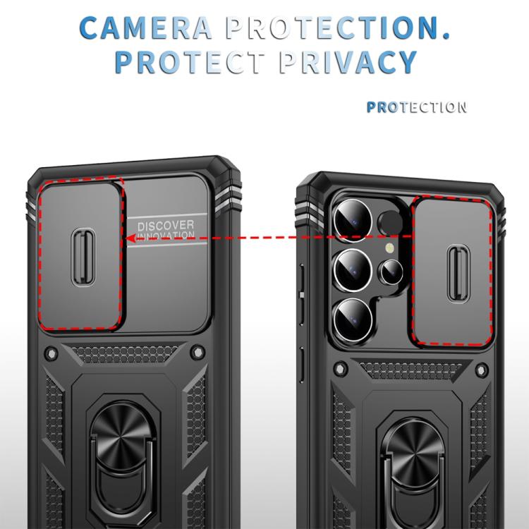 For Samsung Galaxy S25 Ultra 5G Sliding Camshield TPU Hybrid PC Phone Case with Holder(Black)