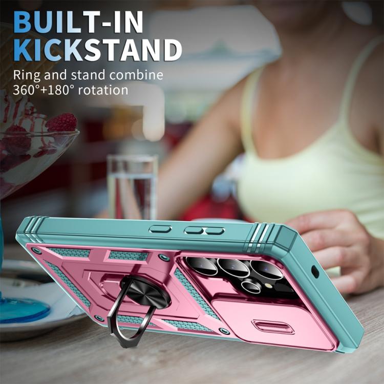 For Samsung Galaxy S25 Ultra 5G Sliding Camshield TPU Hybrid PC Phone Case with Holder(Green+Pink)