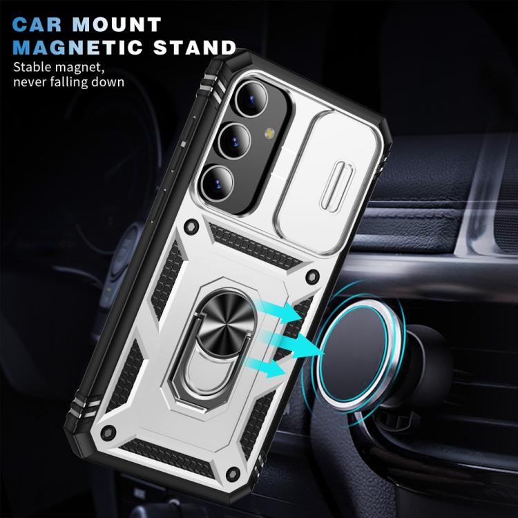 For Samsung Galaxy S25+ 5G Sliding Camshield TPU Hybrid PC Phone Case with Holder(White+Black)