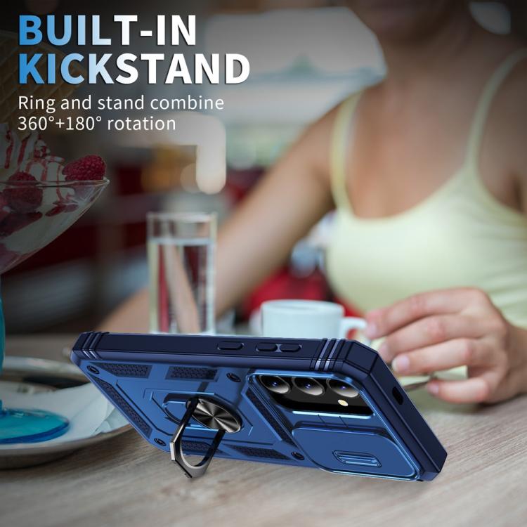 For Samsung Galaxy S25+ 5G Sliding Camshield TPU Hybrid PC Phone Case with Holder(Navy Blue)