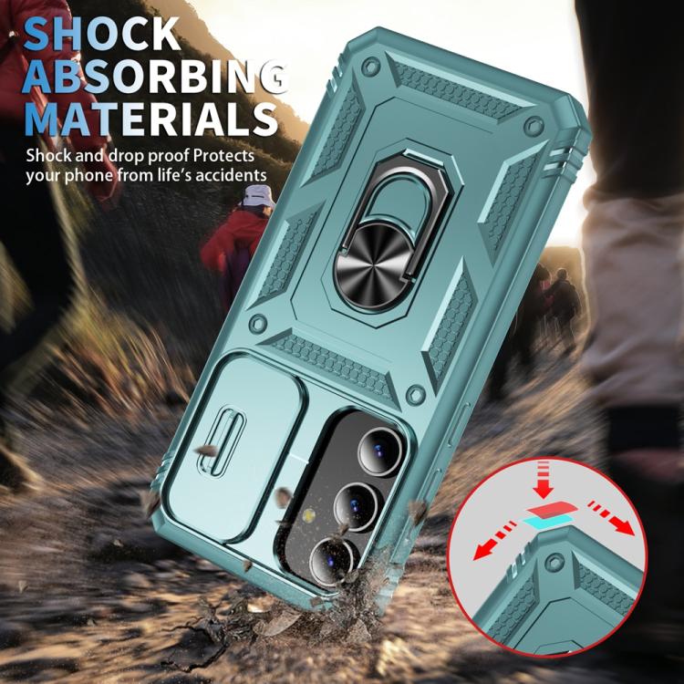 For Samsung Galaxy S25 5G Sliding Camshield TPU Hybrid PC Phone Case with Holder(Green)