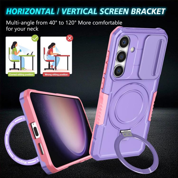 For Samsung Galaxy S25 5G Sliding Camshield MagSafe Holder TPU Hybrid PC Phone Case(Pink Purple)