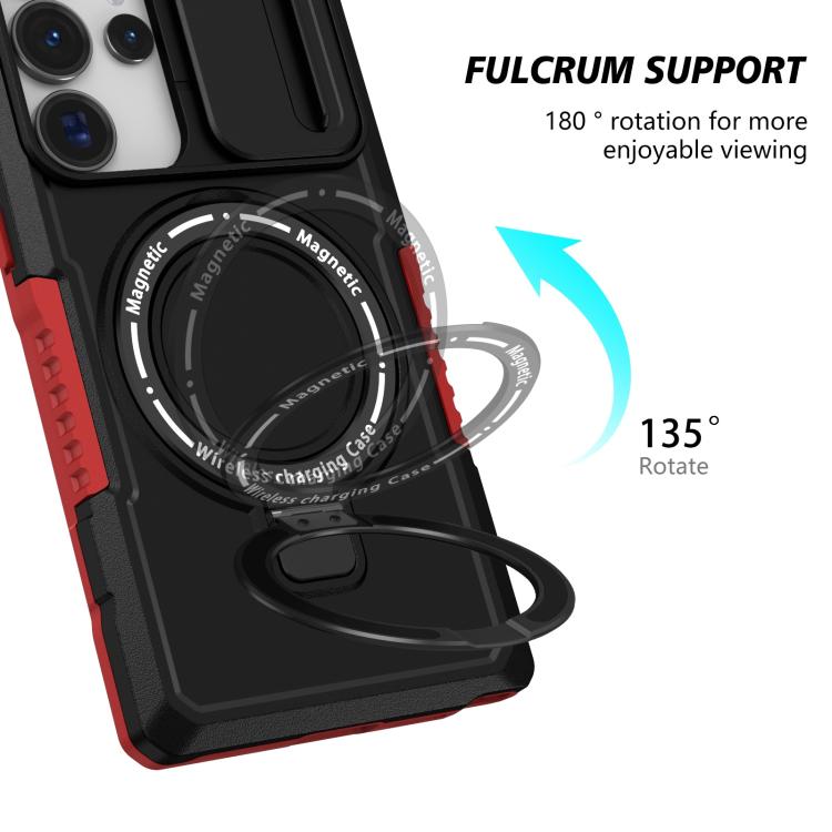 For Samsung Galaxy S25 Ultra 5G Sliding Camshield MagSafe Holder TPU Hybrid PC Phone Case(Black Red)