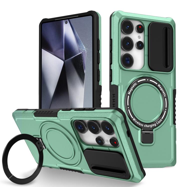 For Samsung Galaxy S25 Ultra 5G Sliding Camshield MagSafe Holder TPU Hybrid PC Phone Case(Light Blue)