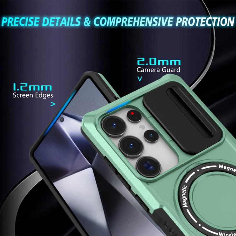 For Samsung Galaxy S25 Ultra 5G Sliding Camshield MagSafe Holder TPU Hybrid PC Phone Case(Light Blue)