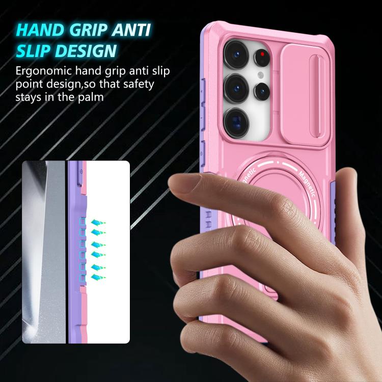 For Samsung Galaxy S25 Ultra 5G Sliding Camshield MagSafe Holder TPU Hybrid PC Phone Case(Purple Pink)