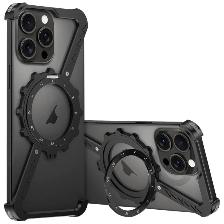 For iPhone 15 Pro Max Z-shaped Frameless Metal 360 Holder MagSafe Phone Case(Black)
