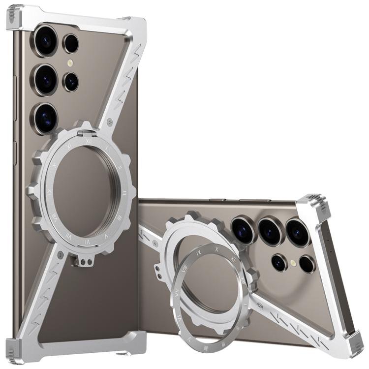 For Samsung Galaxy S23 Ultra 5G Z-shaped Frameless Metal 360 Holder MagSafe Phone Case(Space Silver)