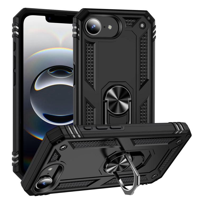 For iPhone 16e Shockproof TPU Hybrid PC Phone Case with Holder(Black)
