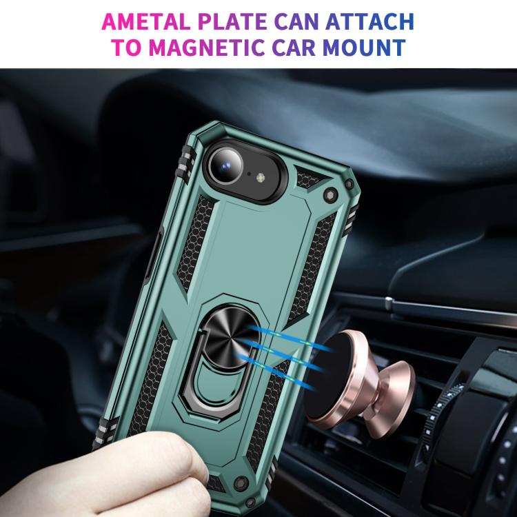For iPhone 16e Shockproof TPU Hybrid PC Phone Case with Holder(Dark Green)