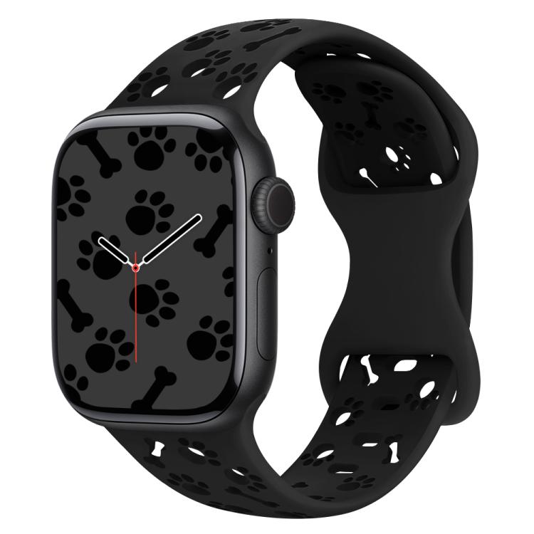 For Apple Watch 46mm / 49mm / 45mm / 44mm Dog Paw Bones Butterfly Buckle Silicone Watch Band(Black)