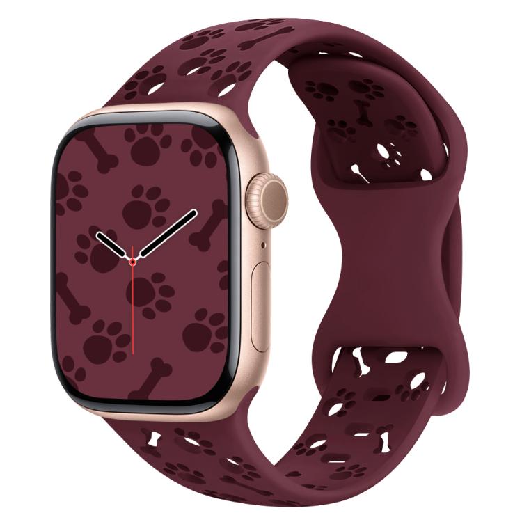 For Apple Watch 46mm / 49mm / 45mm / 44mm Dog Paw Bones Butterfly Buckle Silicone Watch Band(Wine Red)