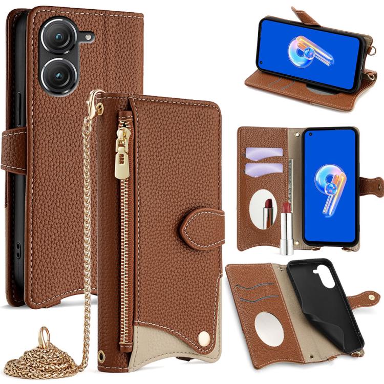 For Asus Zenfone 9 / Zenfone 10 Crossbody Chain Fishtail Litchi Leather Phone Case(Brown)