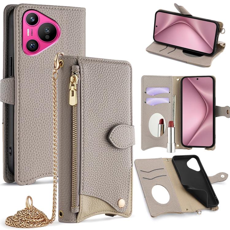 For Huawei Pura 70 Crossbody Chain Fishtail Litchi Leather Phone Case(Grey)