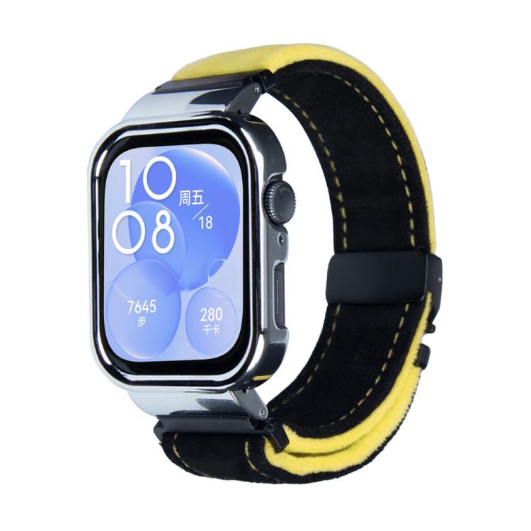 For Huawei Watch Fit3 Brushed Metal Silver Frame Watch Band(Black Yellow)