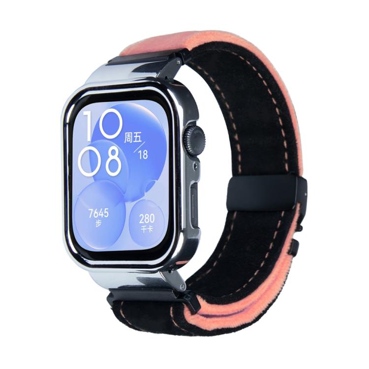 For Huawei Watch Fit3 Brushed Metal Silver Frame Watch Band(Black Peach)