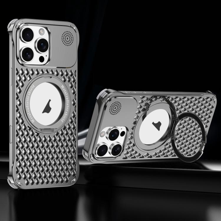 For iPhone 16 Pro R-JUST RJ-64 Aromatherapy Heat Dissipation MagSafe Phone Case with Stand(Grey)