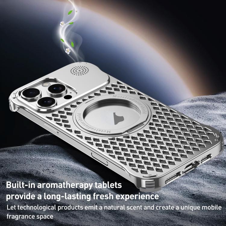 For iPhone 15 R-JUST RJ-64 Aromatherapy Heat Dissipation MagSafe Phone Case with Stand(Silver) - free shipping - PMC Jewellery - Order now!