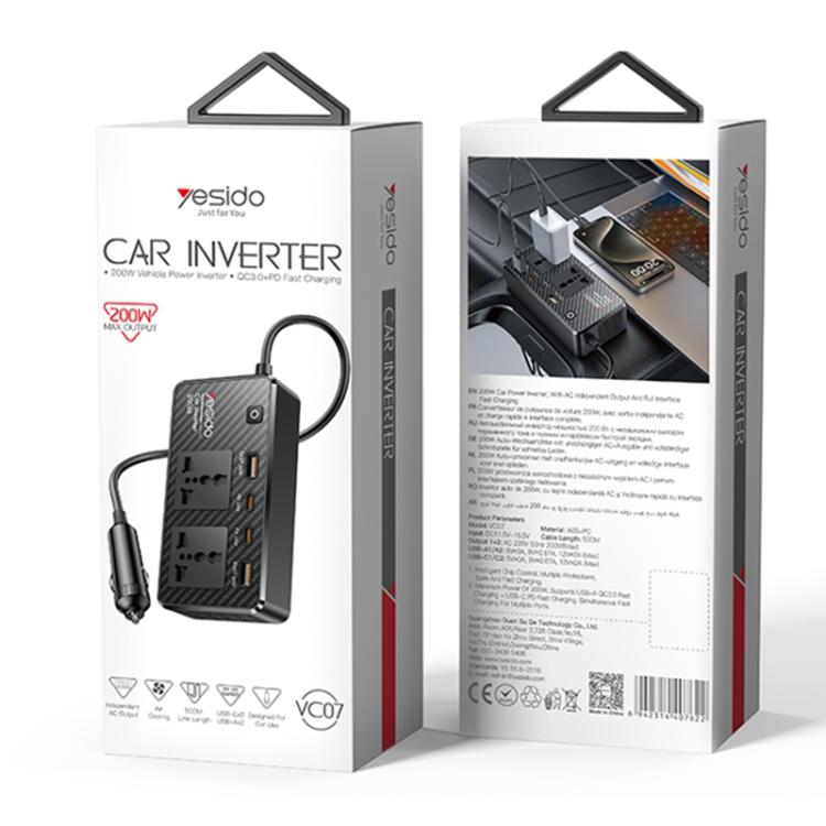 Yesido VC07 200W AC220V Multifunctional Car Inverter(Black) - free shipping - PMC TechLife - Order now!
