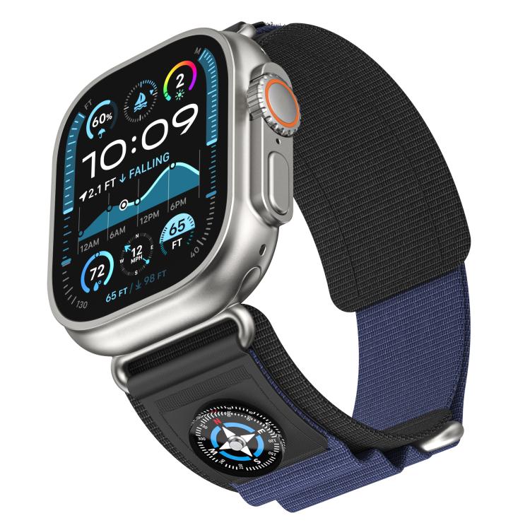 For Apple Watch 46mm / 49mm / 45mm / 44mm Kalebol Compass Nylon Loop Watch Strap(Black Blue)