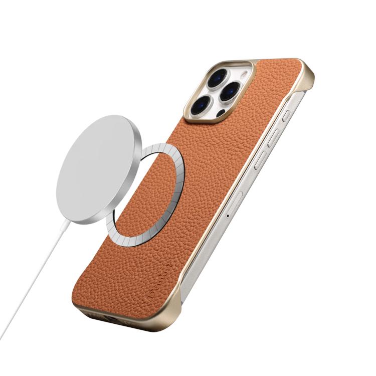 For iPhone 16 Plus Denior A20 Genuine Leather Litchi Texture MagSafe Frameless Phone Case(Brown)