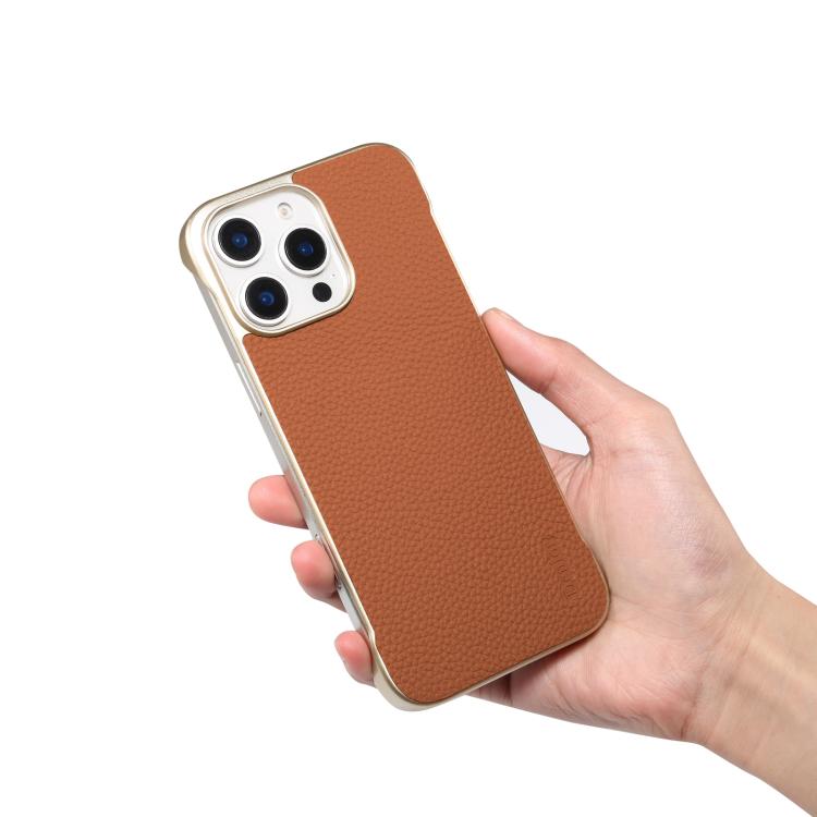 For iPhone 16 Plus Denior A20 Genuine Leather Litchi Texture MagSafe Frameless Phone Case(Brown)