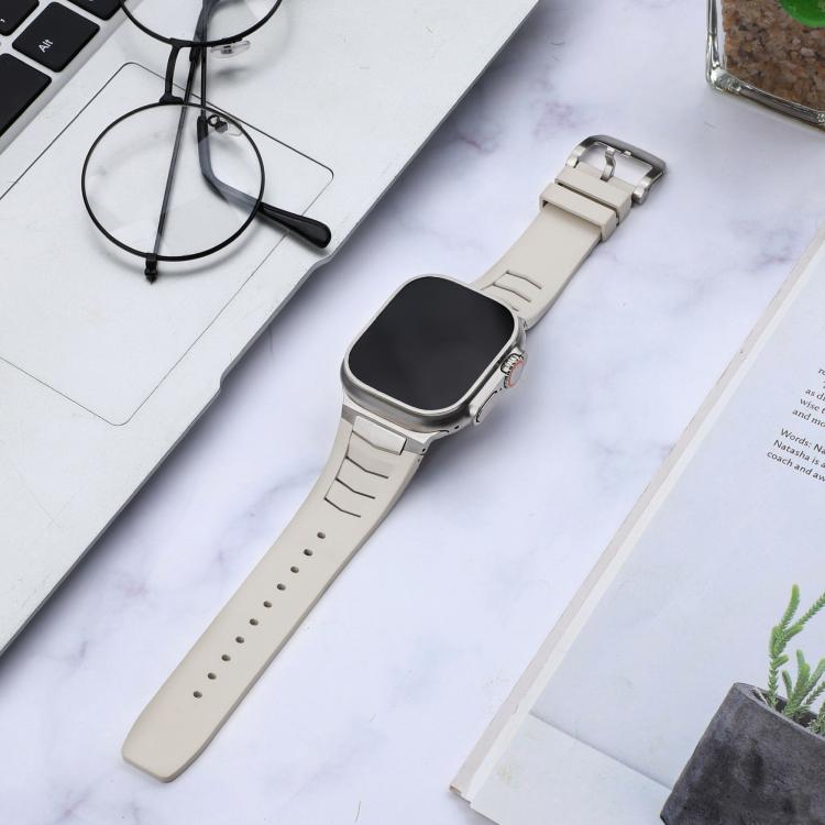 For Apple Watch Ultra / Ultra 2 49mm Stainless Steel Buckle Fluororubber Watch Band(Starlight Silver)