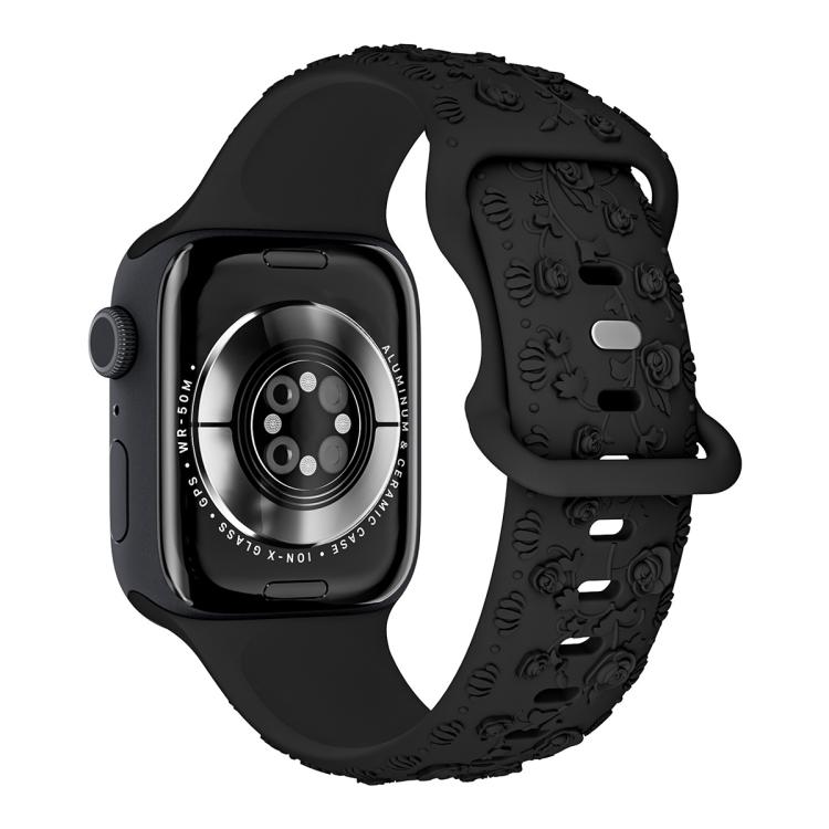 For Apple Watch 42mm / 41mm / 40mm / 38mm Embossed 3D Rose Flower Silicone Watch Band(Black)