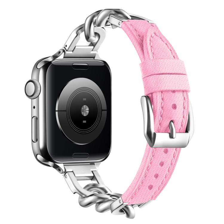 For Apple Watch 46mm / 49mm / 45mm / 44mm Metal Chain Leather Denim Watch Band(Pink)