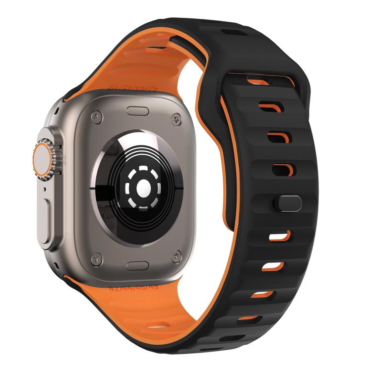 For Apple Watch 46mm / 49mm / 45mm / 44mm Kalebol Wave Reverse Buckle Two-color Silicone Strap(Black Orange)