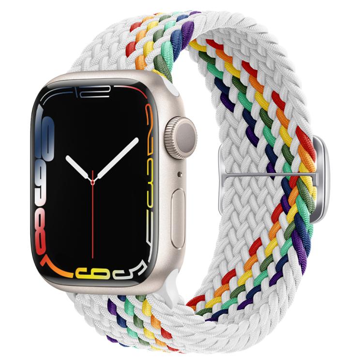 For Apple Watch 46mm / 49mm / 45mm / 44mm Kalebol Eight Buckle Nylon Braided Watch Band(White Rainbow)