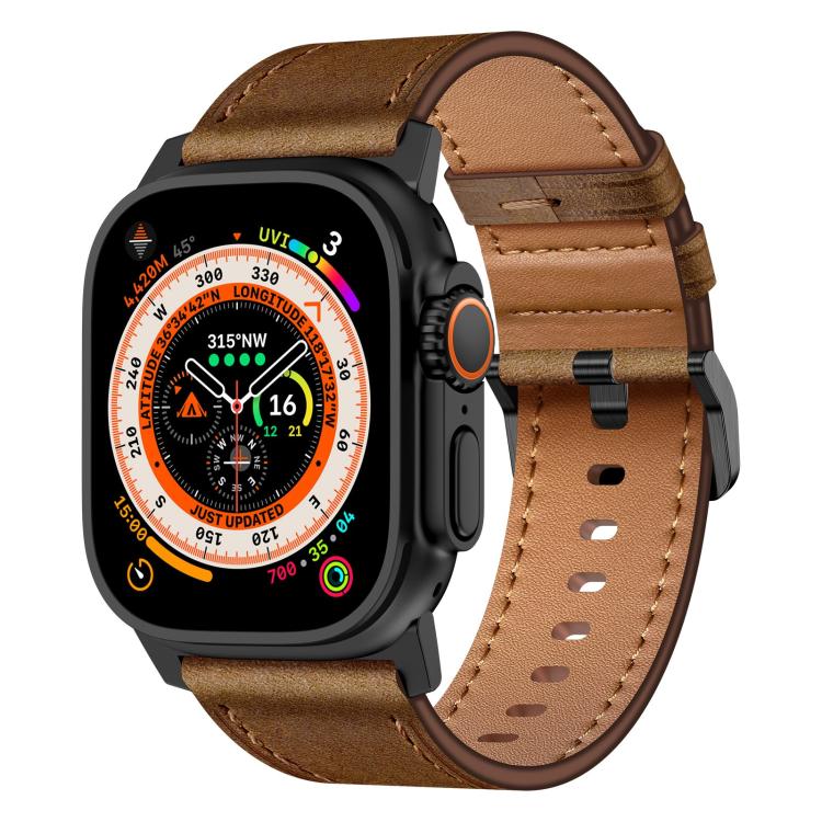 For Apple Watch 46mm / 49mm / 45mm / 44mm Kalebol Genuine Leather Watch Band(Black Dark Brown)