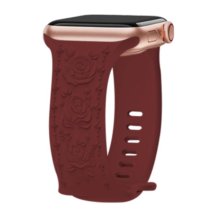 For Apple Watch 46mm / 49mm / 45mm / 44mm Kalebol 8-shaped Buckle Rose Embossed Silicone Watch Band(Wine Red)