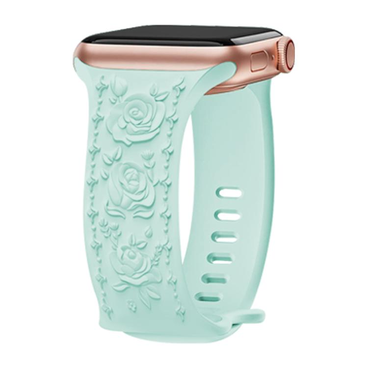 For Apple Watch 46mm / 49mm / 45mm / 44mm Kalebol 8-shaped Buckle Rose Embossed Silicone Watch Band(Light Green)