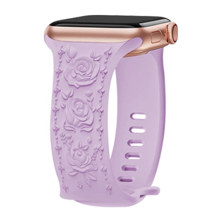 For Apple Watch 46mm / 49mm / 45mm / 44mm Kalebol 8-shaped Buckle Rose Embossed Silicone Watch Band(Lavender)